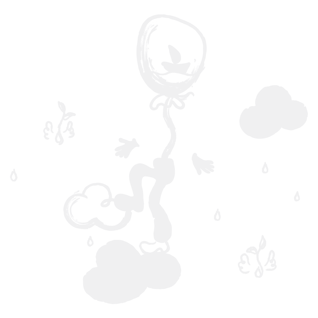 Ein stilisiertes Strichmännchen schwebt zwischen Wolken und hält einen Ballon, umgeben von Regentropfen und Vögeln in einem minimalistischen Illustrationsstil.